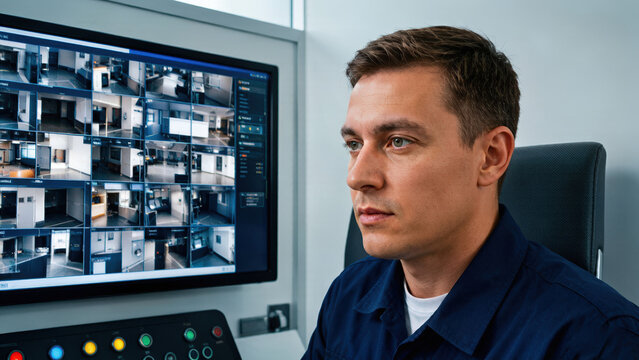 Male security operator monitoring multiple CCTV camera feeds on a large screen. Professional guard watching surveillance video in a control room