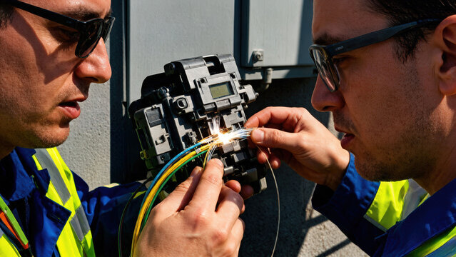 Two male technicians in safety gear splicing fiber optic cables outdoors. Professional workers repairing electrical wires with a bright spark