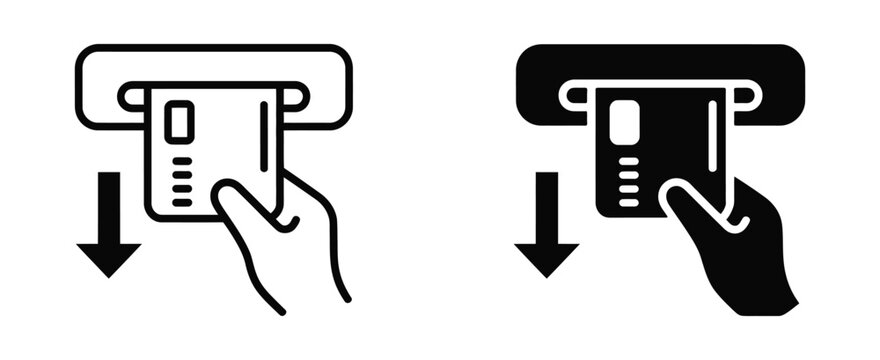 ATM cash withdrawal banking icon set, money transaction symbol, financial service vector, bank machine payment illustration.