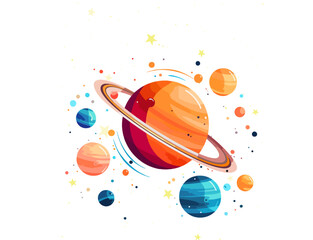 Colorful Saturn Planet with Rings and Cosmic Moons Vector Design © Yann
