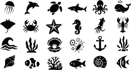Premium marine life icon collection featuring ocean animals, aquatic species, coral, shells, and underwater elements in clean vector silhouette style design. © Hafiz360