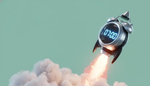 Alarm clock rocket launching with smoke trail representing urgency and morning routine.