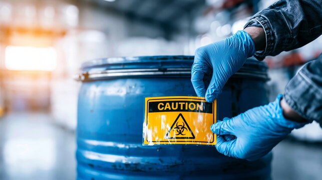 Worker wearing protective gloves applying a hazardous waste warning label with a biohazard symbol onto a blue industrial chemical drum