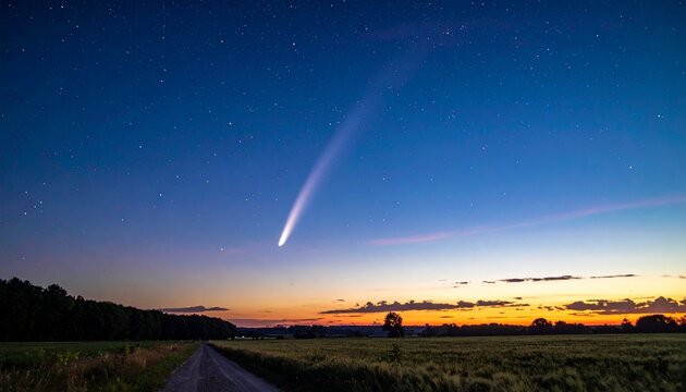 彗星の軌跡が夜空に輝く田舎道の風景
