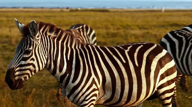 Close up detail of zebra stripes and back in savanna