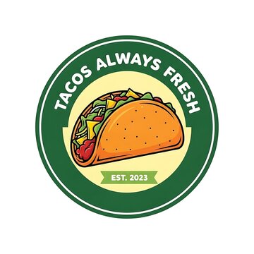 Vibrant Circular Logo Design Featuring a Deliciously Illustrated Taco and Tacos Always Fresh Text.