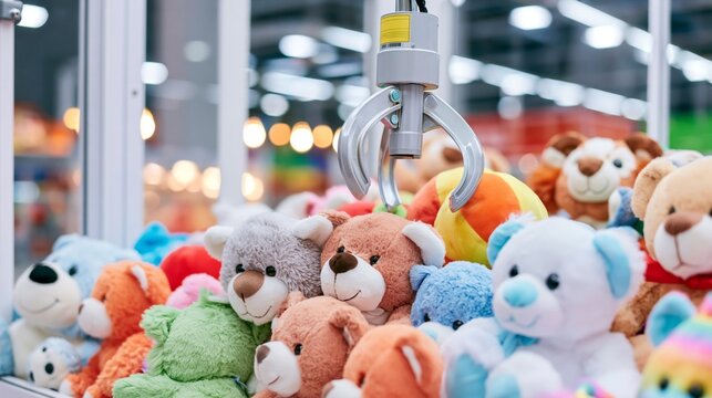 Claw machine filled with various colorful plush toys and stuffed animals, a metal claw arm poised for an arcade game play