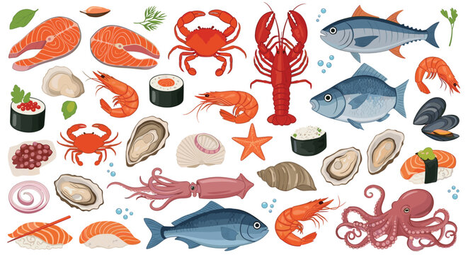 Comprehensive collection of various seafood items including salmon steaks, fish, shrimp, crab, lobster, sushi, and mussels in a colorful flat style.