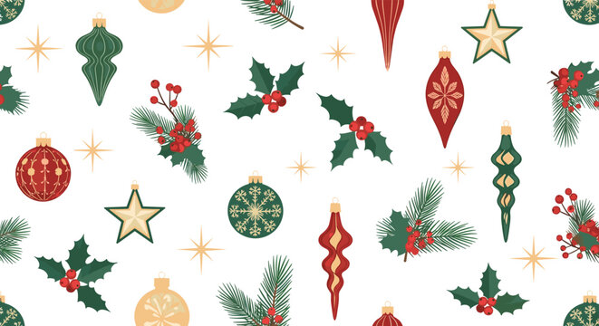 Festive seamless background pattern with classic Christmas tree ornaments, stars, pine branches, and holly berries on a clean white background.