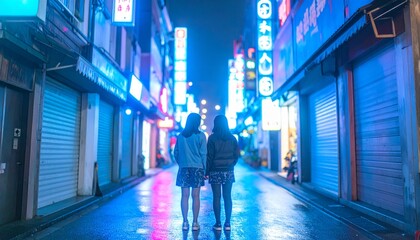Fototapeta premium portrait of teenage friends standing under neon signs in a city alley 