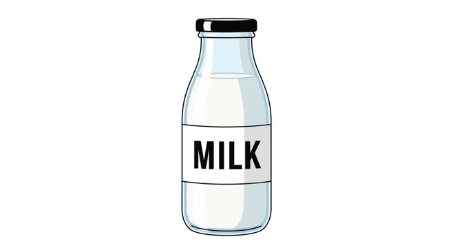 Classic glass bottle of fresh milk with a simple white label and a black cap isolated on a clean white background.
