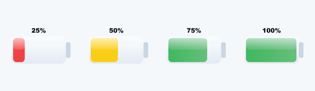 Progress bar icons, percentage gauges, loading bars, green and yellow gradients, vector status indicators