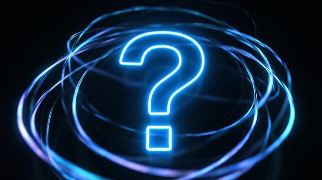 Glowing Neon Question Mark Symbol on Dark Background, Mystery Concept, Uncertainty, Inquiry