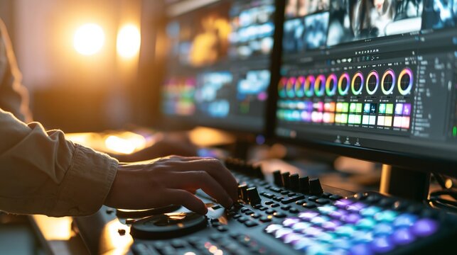 Video editor using a color grading panel with glowing buttons, working on monitors displaying post production software