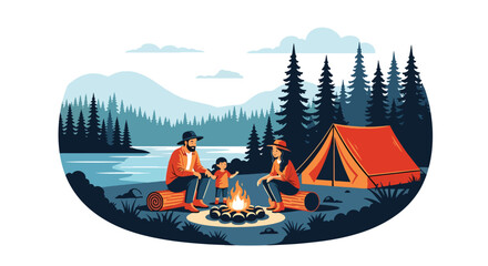 Flat style vector illustration of family camping outdoors with tent and campfire, adventure and bonding activity in nature setting © daniel