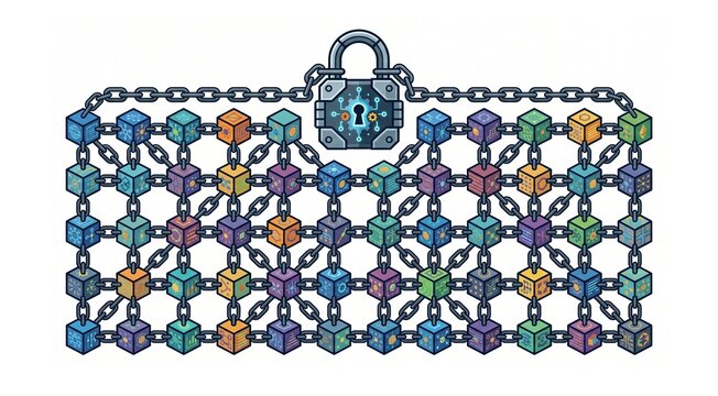 Minimalist flat vector artwork representing a decentralized block ledger network, secure token data encryption and network keys on a white background