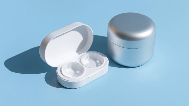 Open white contact lens case with clear corrective lenses and a silver container on a clean blue background, daylight shadows