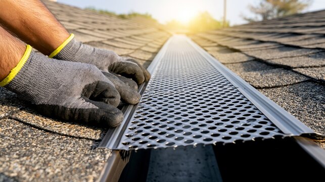 Gloved hands installing a new gutter guard on a residential gutter, showing home maintenance, roofing work, and water drainage protection