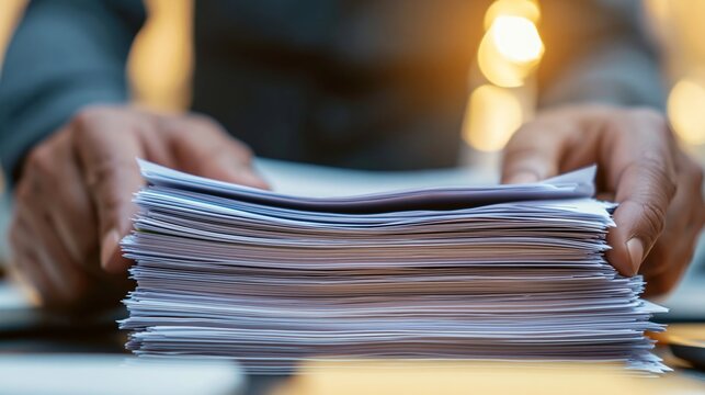 Business person sorting a thick stack of paper documents on a desk. Managing bureaucracy, paperwork, data, and financial records