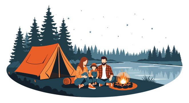 Flat style vector illustration of family camping outdoors with tent and campfire, adventure and bonding activity in nature setting
