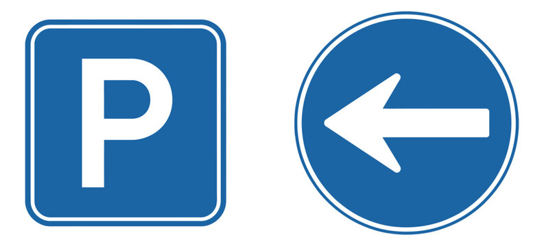 Parking sign icon set, blue parking symbol with left arrow direction, road navigation vector illustration, traffic guidance design.