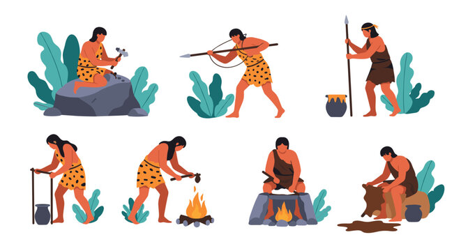 Comprehensive set of prehistoric caveman characters engaged in daily survival activities like hunting, cooking, and tool making.