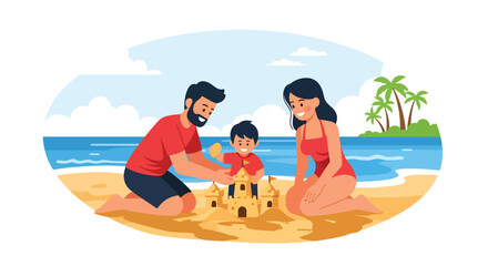 Obraz premium Flat style vector illustration of parents and kids building sandcastle at beach, summer vacation and outdoor family bonding concept