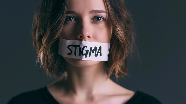 Young woman's mouth covered with tape labeled STIGMA, conveying concepts of voicelessness, mental health, and societal judgment