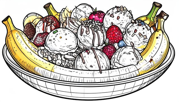 Colorful banana split sundae with mixed berry toppings.