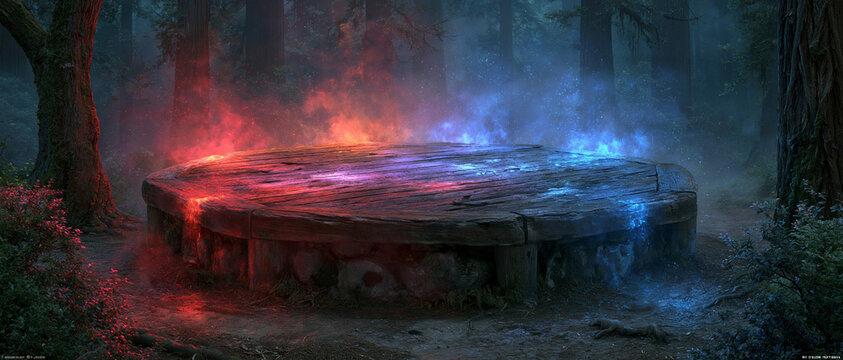 An old wooden fight stage circle shape with soft fire effect burning around the stage , black forest is background , action cinemaitc photo.