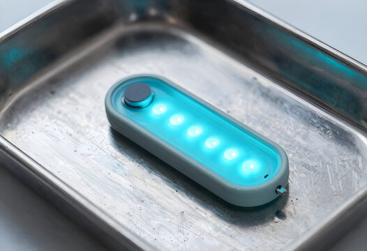 An isolated glowing cyan bioluminescent subdermal medical sensor resting on a sterile metallic tray. Vibrant clinical LED bokeh.
