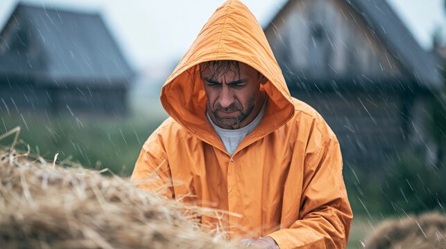 Farmer in orange raincoat collecting hay during rain on a rural farm, working hard in challenging weather