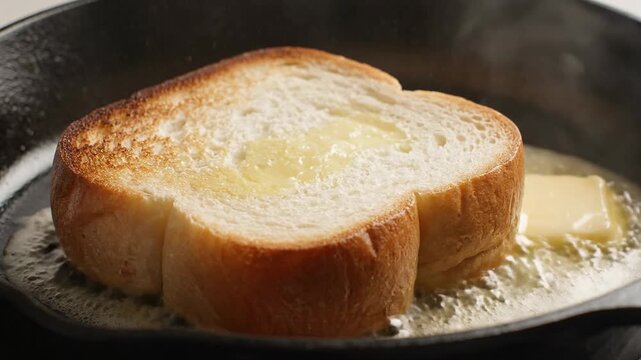 Golden bread slice sizzling in hot melted butter on a cast iron skillet
