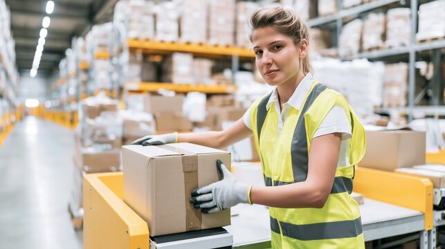 Woman worker in high visibility vest and gloves preparing a shipment on a conveyor in a busy logistics distribution center