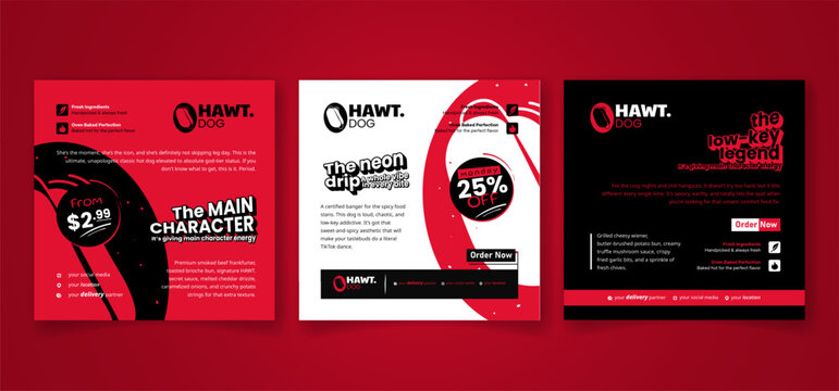 Set of social media post template in red white and black for hot dog campaign