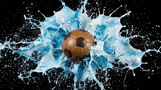 Soccer ball exploding with vibrant blue liquid paint splashing on dark background