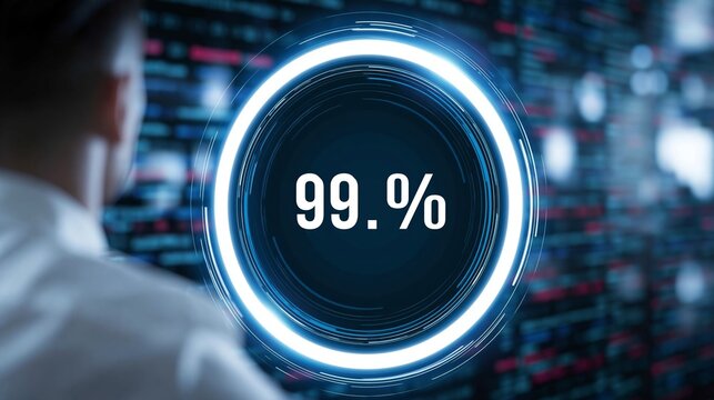 Person viewing a glowing 99.9 percent digital loading progress bar, indicating data processing and technological advancement