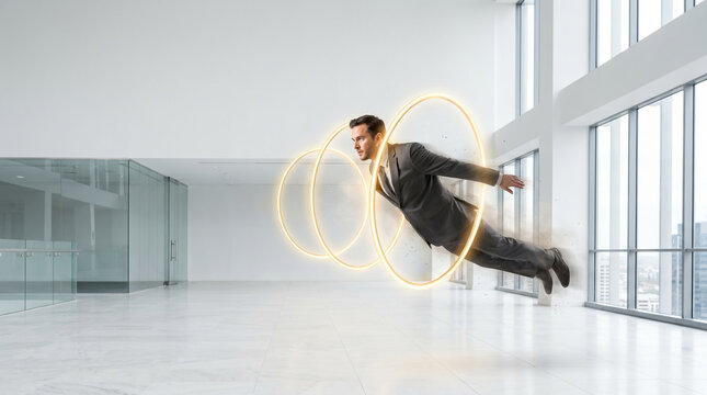 Businessman leaping through glowing golden hoops in a bright corporate lobby, symbolizing bureaucracy and overcoming workplace obstacles.