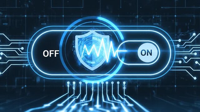 Futuristic digital interface with an activating toggle switch for enhanced system security and control, symbolizing advanced technology and user interaction