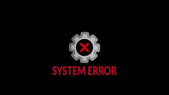Critical system error glitch animation with gear symbol with red cross on transparent background ,critical system error animation with Alpha Channel in 4K