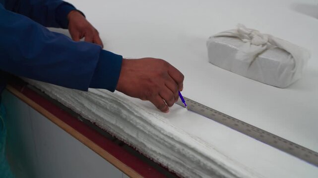 indianman drawing line on cloth for cutting
