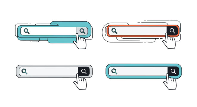 Collection of web search bar interface elements in various colors and styles with human hand clicking on the magnifying glass icon.