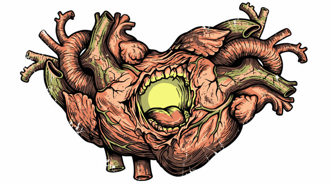Detailed illustration of a monstrous anatomical heart with a gaping maw, sharp teeth, and unsettling texture, symbolizing inner turmoil and fear
