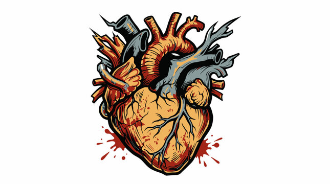 Anatomical Heart Illustration with Blood Splatter Detail, Symbolizing Love, Life, and Health