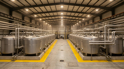 Fototapeta premium Industrial ethanol fermentation plant interior | Stainless steel biofuel production tanks | Modern factory chemical processing facility | Renewable energy manufacturing warehouse