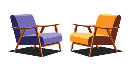 Fototapeta premium Two mid-century modern armchairs in purple and orange are positioned facing each other in a clean minimalist room setting.