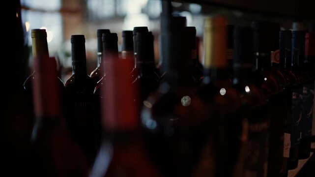 Rows of assorted wine bottles lined up on shelf in dimly lit room with cinematic depth of field.