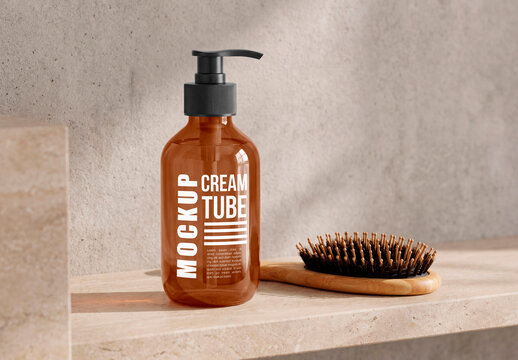 Amber pump bottle mockup with wooden hairbrush