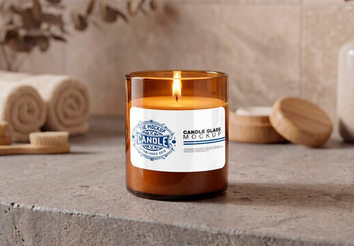 Amber candle mockup in spa bathroom