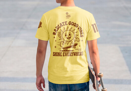 Blank white t-shirt back view skateboard mockup